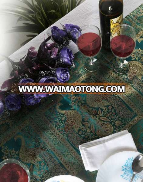 Pink Green Brocade Peacock Floral Printed Hotel Table Runner