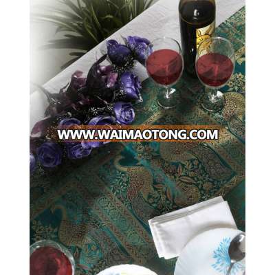 Pink Green Brocade Peacock Floral Printed Hotel Table Runner